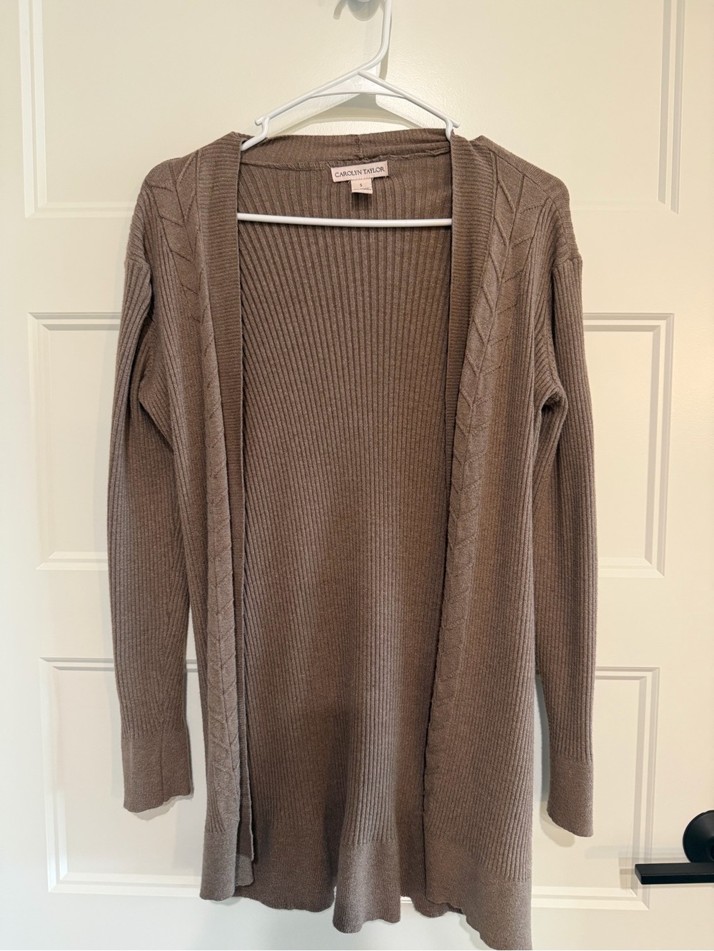 Carolyn Taylor Brown Open-Front Ribbed Cardigan with Cable Trim